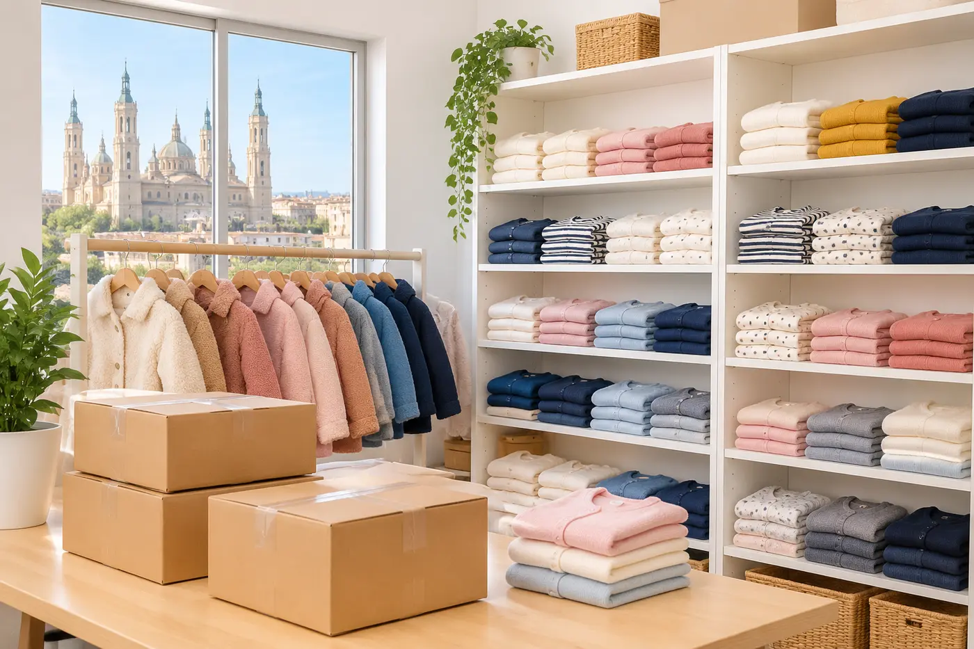 Almacén de ropa infantil con baldas blancas ordenadas por colores, un perchero de abrigos pequeños y cajas de envío sobre la mesa