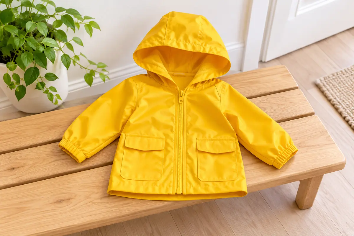 Impermeable infantil amarillo con capucha, cremallera delantera y dos bolsillos con solapa, sobre un banco de madera